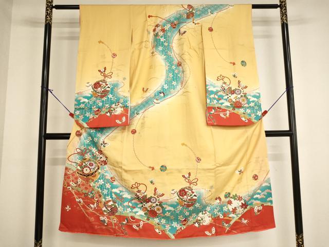 平和屋着物[]七五三 女の子 ７歳 祝着 四つ身 駒刺繍 鈴 花蝶文 暈し染め 金彩 逸品 AABI2868ja