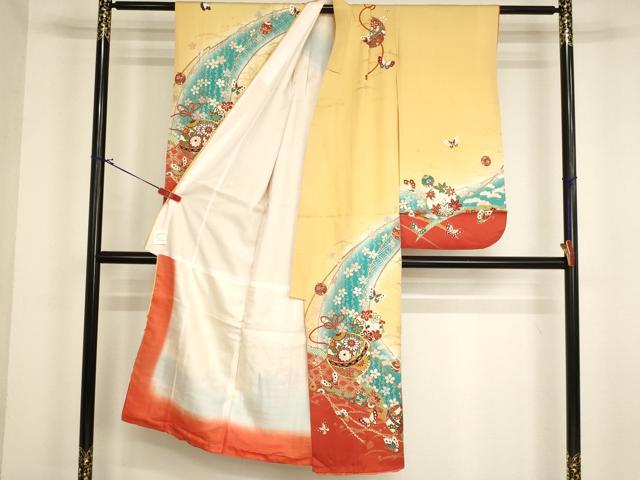 平和屋着物[]七五三 女の子 ７歳 祝着 四つ身 駒刺繍 鈴 花蝶文 暈し染め 金彩 逸品 AABI2868ja