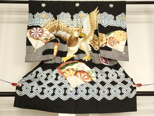平和屋着物[]お宮参り 男の子 祝着 産着 初着 のしめ 駒刺繍 鷹 舞扇文 金彩 逸品 AABI2870ja
