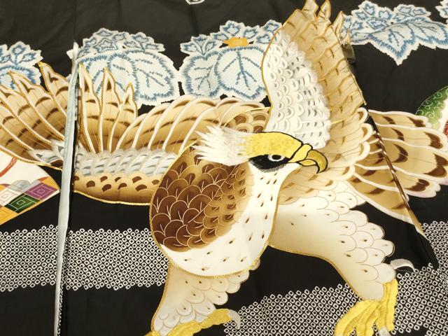 平和屋着物[]お宮参り 男の子 祝着 産着 初着 のしめ 駒刺繍 鷹 舞扇文 金彩 逸品 AABI2870ja