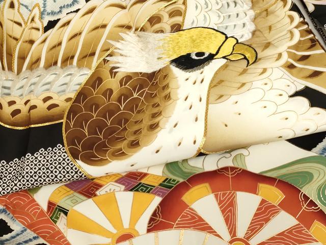 平和屋着物[]お宮参り 男の子 祝着 産着 初着 のしめ 駒刺繍 鷹 舞扇文 金彩 逸品 AABI2870ja