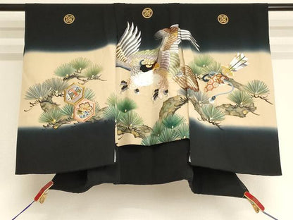 平和屋着物[]七五三 男の子 ３歳 祝着 一つ身 刺繍 鷹 松 金糸 金彩 逸品 AABI2871ja