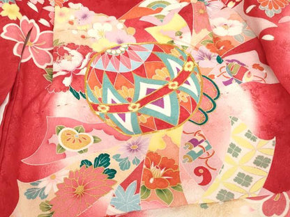 平和屋着物[]七五三 女の子 ３歳 祝着 三つ身 長襦袢（袷・半衿刺繍）セット 駒刺繍 花手毬文 暈し染め 金彩 逸品 AABI2875ja