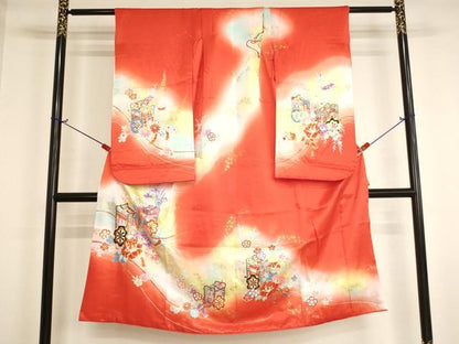 平和屋着物[]七五三 女の子 ７歳 祝着 四つ身 駒刺繍 御所車花文 暈し染め 金彩 AABI2887ja