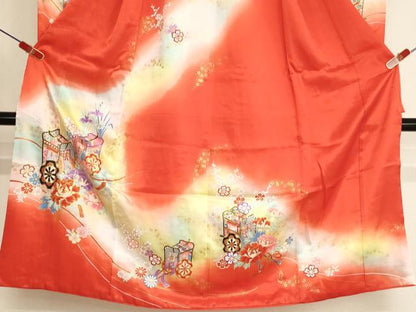 平和屋着物[]七五三 女の子 ７歳 祝着 四つ身 駒刺繍 御所車花文 暈し染め 金彩 AABI2887ja