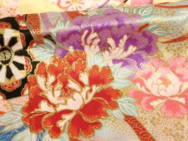 平和屋着物[]七五三 女の子 ７歳 祝着 四つ身 駒刺繍 御所車花文 暈し染め 金彩 AABI2887ja