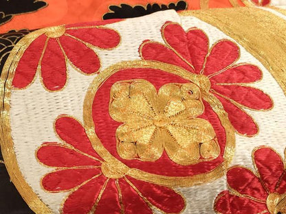 平和屋着物[]七五三　女の子　７歳　祝着　四つ身　長襦袢（無双仕立て・半衿刺繍）セット　駒刺繍　花鼓文　金彩　洗える着物　AABI2890ja
