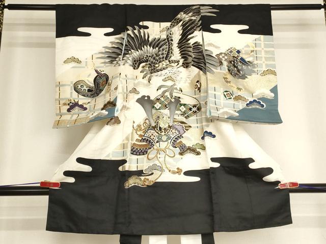 平和屋着物[]お宮参り　男の子　祝着　産着　初着　のしめ　鷹　武具　金彩　逸品　AABI2893ja