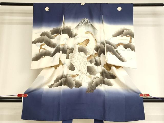 平和屋着物[]お宮参り　男の子　祝着　産着　初着　のしめ　刺繍　鷹　風景松文　暈し染め　金糸　金彩　逸品　AABI2894ja
