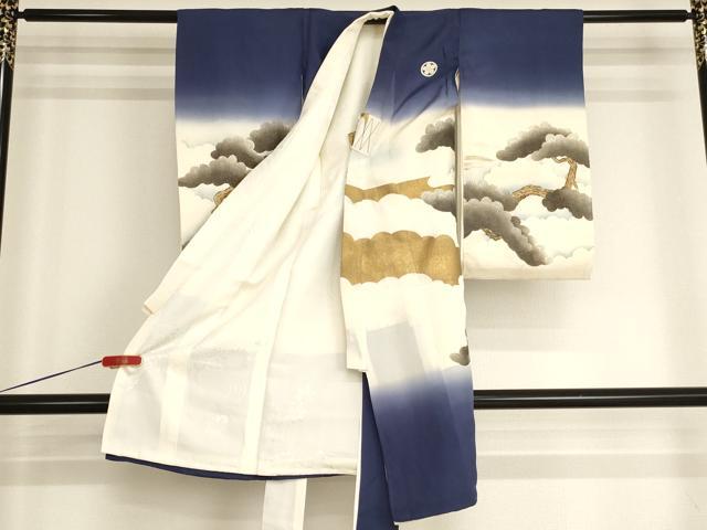 平和屋着物[]お宮参り　男の子　祝着　産着　初着　のしめ　刺繍　鷹　風景松文　暈し染め　金糸　金彩　逸品　AABI2894ja