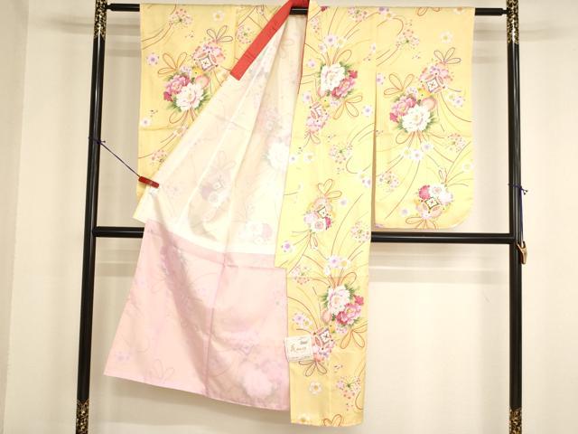 平和屋着物[]七五三　女の子　７歳　祝着　四つ身　長襦袢（単衣）・志古貴セット　薬玉文　金彩　未使用　AABI2898ja