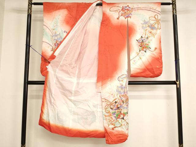 平和屋着物[]七五三　女の子　７歳　祝着　四つ身　糸巻き文　暈し染め　金彩　AABI2899ja