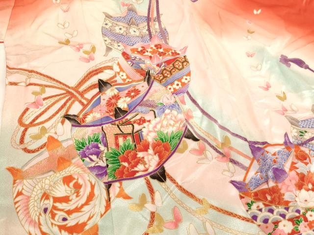 平和屋着物[]七五三　女の子　７歳　祝着　四つ身　糸巻き文　暈し染め　金彩　AABI2899ja