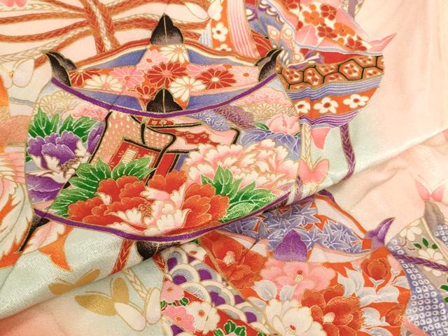 平和屋着物[]七五三　女の子　７歳　祝着　四つ身　糸巻き文　暈し染め　金彩　AABI2899ja