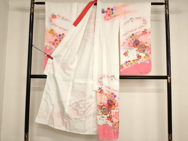 平和屋着物[]七五三　女の子　７歳　祝着　四つ身　長襦袢（単衣）セット　桜鼓文　暈し染め　金彩　未使用　AABI2900ja