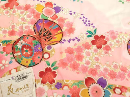 平和屋着物[]七五三　女の子　７歳　祝着　四つ身　長襦袢（単衣）セット　桜鼓文　暈し染め　金彩　未使用　AABI2900ja