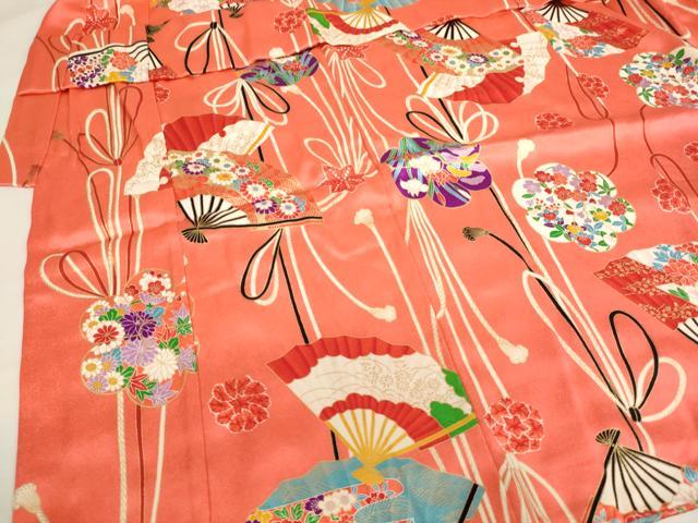 平和屋着物[]七五三　女の子　３歳　祝着　三つ身　被布セット　舞扇花文　金彩　逸品　AABI2902ja