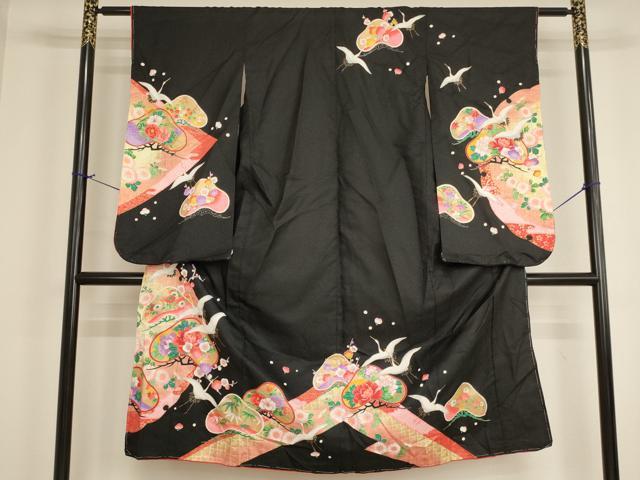 平和屋着物[]七五三　女の子　７歳　祝着　四つ身　飛鶴花文　黒地　金彩　未使用　AABI2904ja