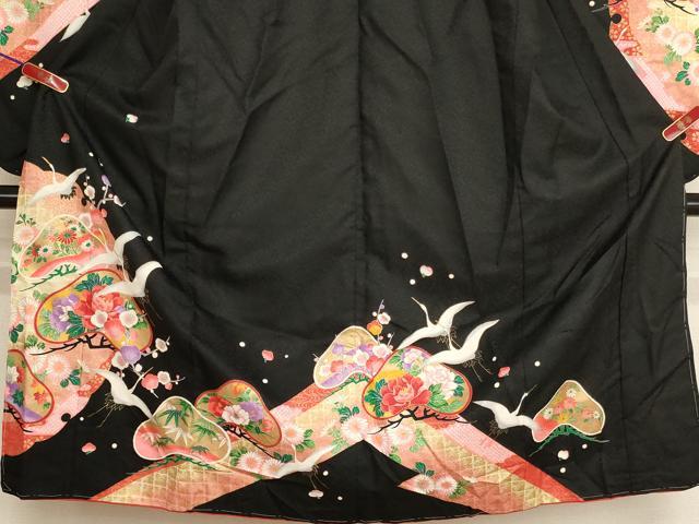 平和屋着物[]七五三　女の子　７歳　祝着　四つ身　飛鶴花文　黒地　金彩　未使用　AABI2904ja