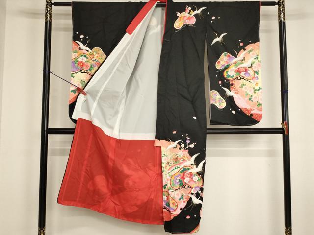 平和屋着物[]七五三　女の子　７歳　祝着　四つ身　飛鶴花文　黒地　金彩　未使用　AABI2904ja