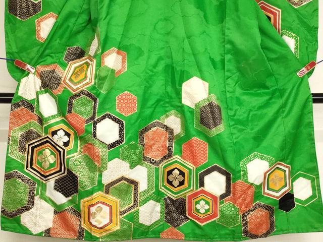平和屋着物[]七五三　女の子　７歳　祝着　四つ身　駒刺繍　亀甲花文　金彩　洗える着物　AABI2905ja
