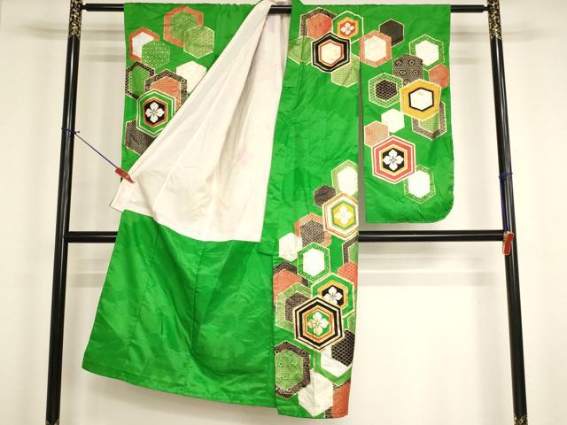 平和屋着物[]七五三　女の子　７歳　祝着　四つ身　駒刺繍　亀甲花文　金彩　洗える着物　AABI2905ja