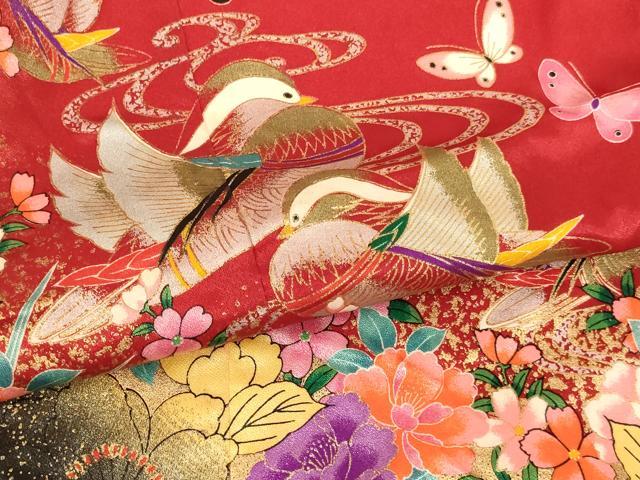平和屋着物[]七五三　女の子　７歳　祝着　四つ身　鴛鴦花蝶文　暈し染め　金銀彩　洗える着物　AABI2907ja