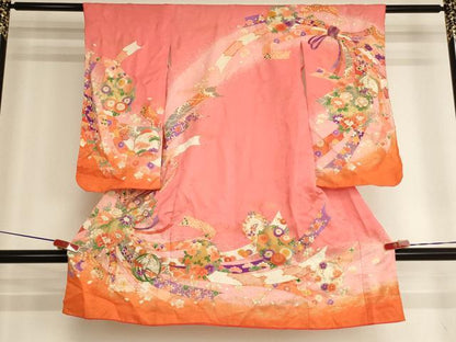 平和屋着物[]七五三　女の子　３歳　祝着　三つ身　束ね熨斗花丸文　暈し染め　金彩　AABI2908ja