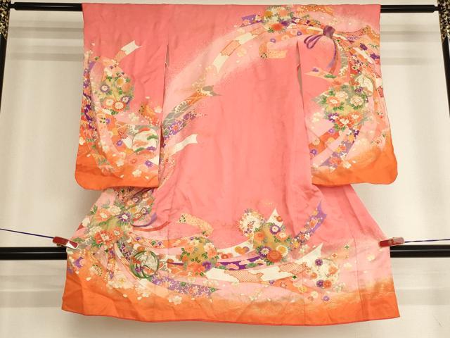 平和屋着物[]七五三　女の子　３歳　祝着　三つ身　束ね熨斗花丸文　暈し染め　金彩　AABI2908ja