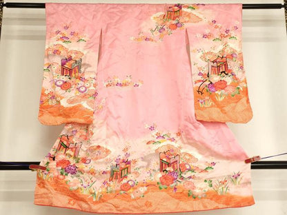 平和屋着物[]七五三　女の子　３歳　祝着　三つ身　御所車花文　暈し染め　金彩　AABI2909ja