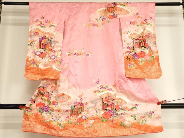 平和屋着物[]七五三　女の子　３歳　祝着　三つ身　御所車花文　暈し染め　金彩　AABI2909ja