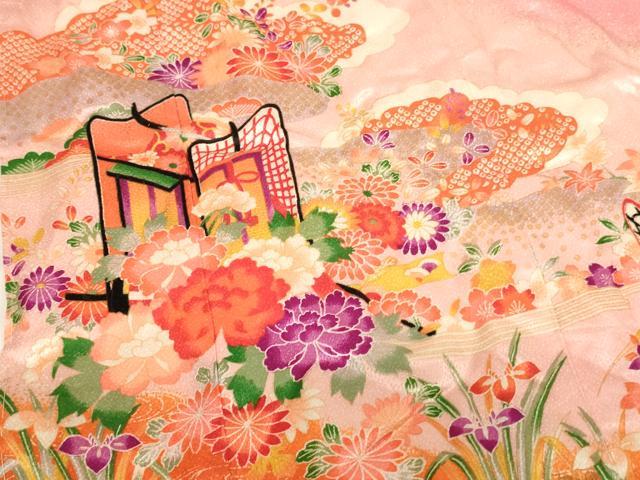 平和屋着物[]七五三　女の子　３歳　祝着　三つ身　御所車花文　暈し染め　金彩　AABI2909ja