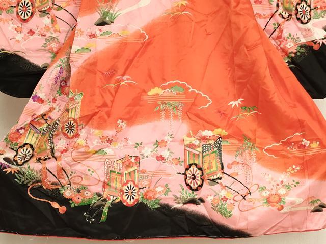 平和屋着物[]七五三　女の子　３歳　祝着　三つ身　御所車花文　暈し染め　金彩　洗える着物　未使用　AABI2911ja