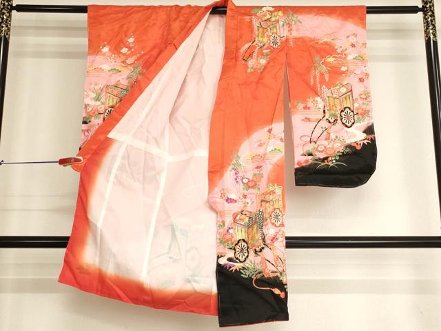 平和屋着物[]七五三　女の子　３歳　祝着　三つ身　御所車花文　暈し染め　金彩　洗える着物　未使用　AABI2911ja