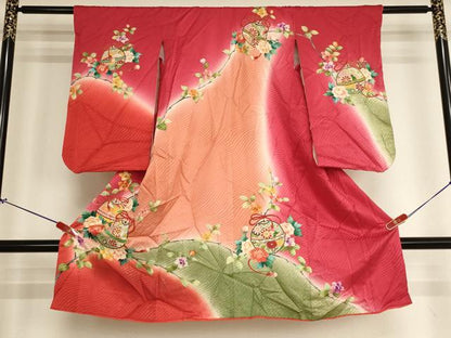 平和屋着物[]七五三　女の子　３歳　祝着　三つ身　鈴　枝花文　暈し染め　金彩　逸品　AABI2912ja