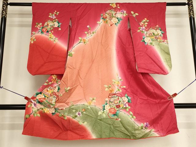 平和屋着物[]七五三　女の子　３歳　祝着　三つ身　鈴　枝花文　暈し染め　金彩　逸品　AABI2912ja