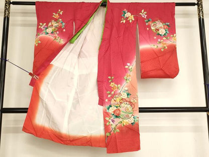 平和屋着物[]七五三　女の子　３歳　祝着　三つ身　鈴　枝花文　暈し染め　金彩　逸品　AABI2912ja