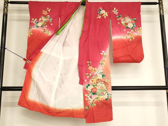 平和屋着物[]七五三　女の子　３歳　祝着　三つ身　鈴　枝花文　暈し染め　金彩　逸品　AABI2912ja