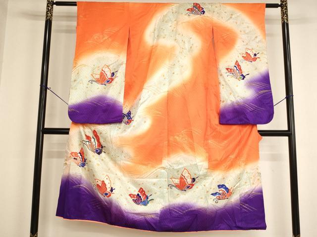 平和屋着物[]七五三　女の子　７歳　祝着　四つ身　駒刺繍　舞蝶文　暈し染め　金彩　洗える着物　AABI2914ja