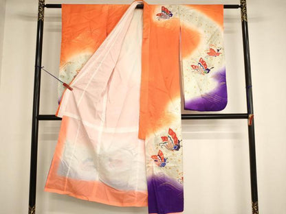 平和屋着物[]七五三　女の子　７歳　祝着　四つ身　駒刺繍　舞蝶文　暈し染め　金彩　洗える着物　AABI2914ja