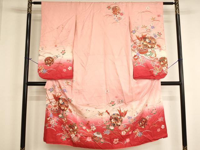 平和屋着物∵女の子　十三参り　子供　祝着　手毬花蝶文　折り鶴　暈し染め　金彩　洗える着物　AABI2915ja