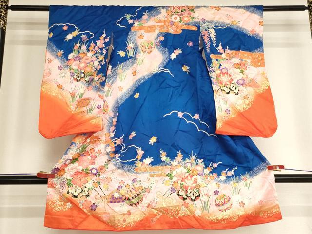 平和屋着物[]七五三　女の子　３歳　祝着　三つ身　花車文　暈し染め　金彩　洗える着物　AABI2916ja