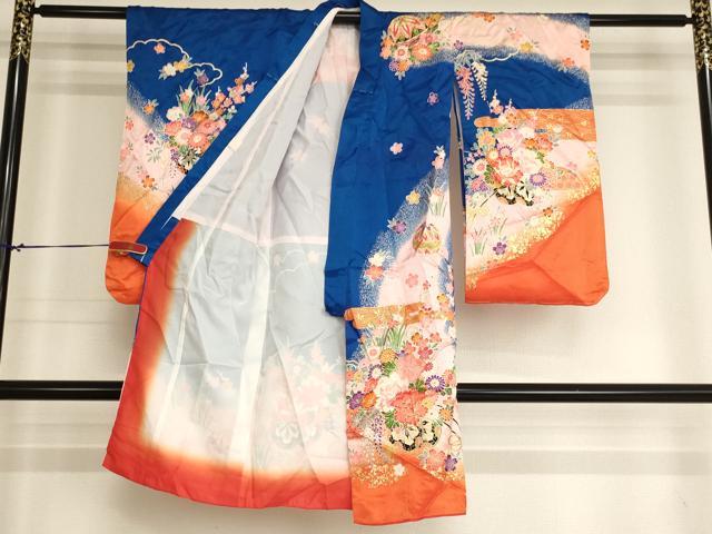 平和屋着物[]七五三　女の子　３歳　祝着　三つ身　花車文　暈し染め　金彩　洗える着物　AABI2916ja