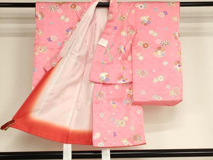 平和屋本店[]七五三　女の子　３歳　祝着　三つ身　長襦袢（単衣・半衿刺繍）・被布・小物セット　花丸文　金彩　箱付き　逸品　AABI2917ja
