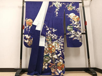 平和屋着物●十日町老舗ブランド　吉澤友禅　吾妻徳穂　振袖　駒刺繍　枝花丸文　金彩　正絹　逸品　AABI2962ph