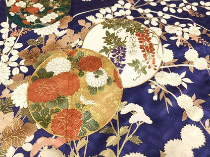 平和屋着物●十日町老舗ブランド　吉澤友禅　吾妻徳穂　振袖　駒刺繍　枝花丸文　金彩　正絹　逸品　AABI2962ph