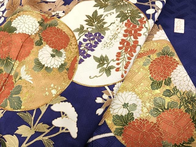 平和屋着物●十日町老舗ブランド　吉澤友禅　吾妻徳穂　振袖　駒刺繍　枝花丸文　金彩　正絹　逸品　AABI2962ph