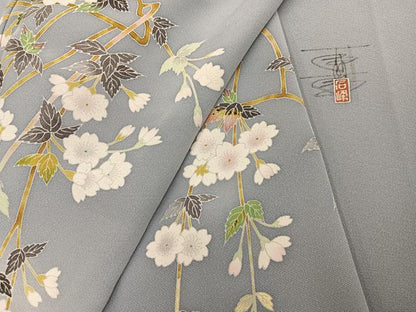平和屋着物●京加賀友禅　百貫石峰 　訪問着　友禅　作家物　枝垂れ桜　正絹　逸品　AABI2964ph