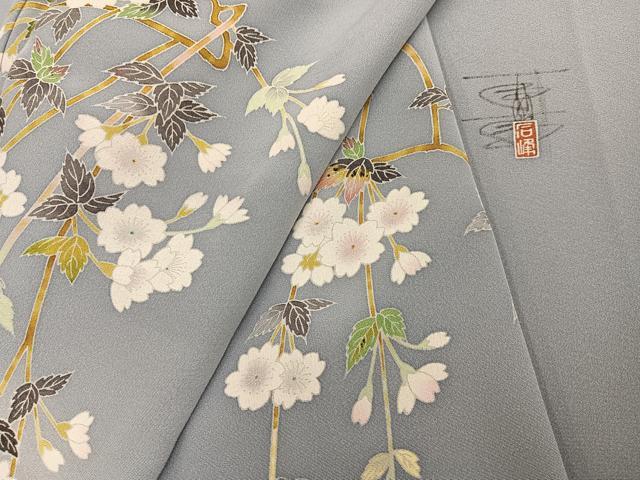 平和屋着物●京加賀友禅　百貫石峰 　訪問着　友禅　作家物　枝垂れ桜　正絹　逸品　AABI2964ph