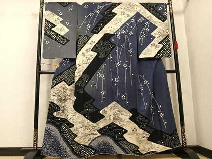 平和屋着物●訪問着　友禅　風景草花文　金彩　銀通し地　正絹　逸品　AABI2974ph